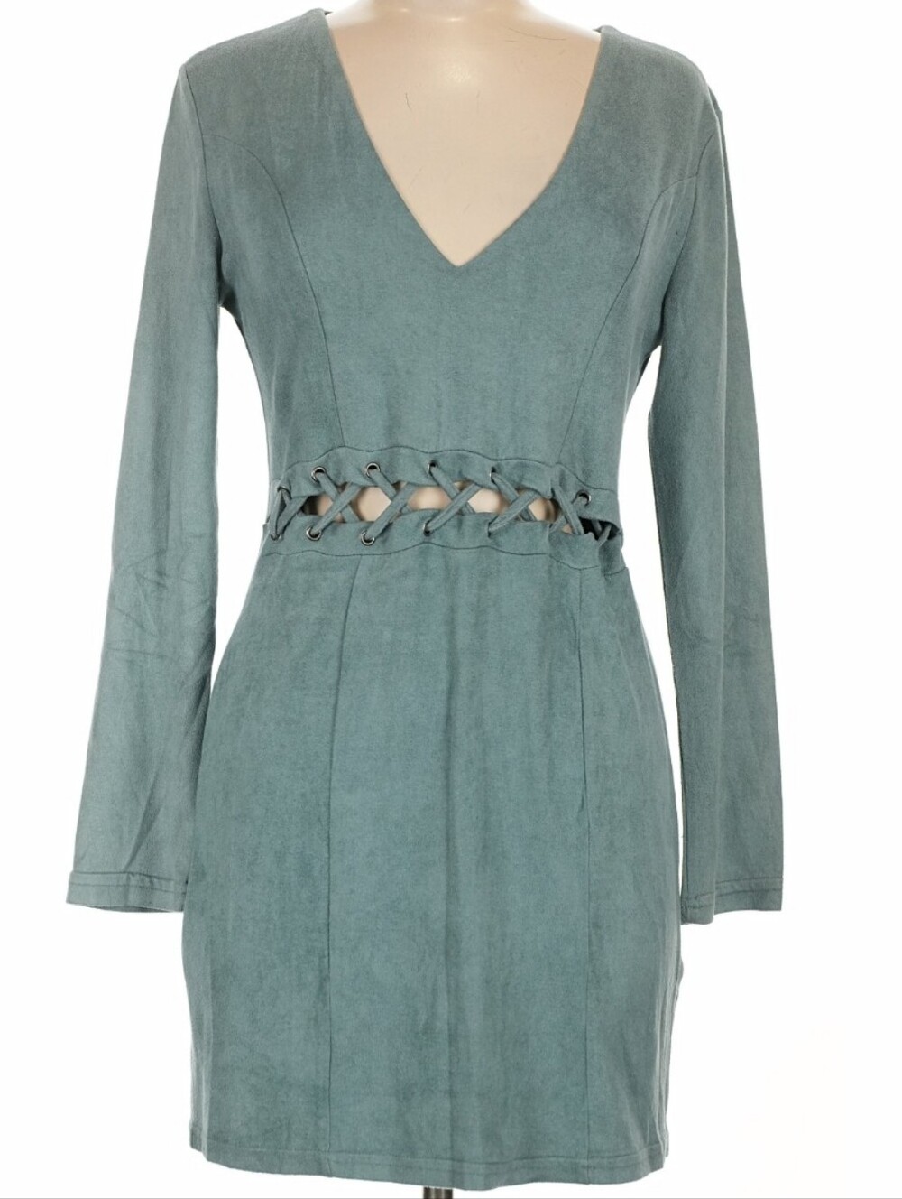 Charlotte Russe Faux Suede Lace-Up Cutout Dress, M, Sage Blue/Green